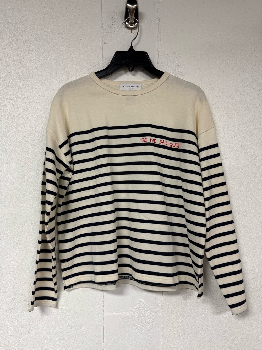 Maison Labiche Cream Striped Crewneck Sweater with Red Script